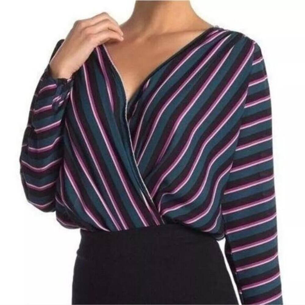 ASTR the Label Teal Magenta Striped Surplice Wrap Long Sleeve Bodysuit Womens